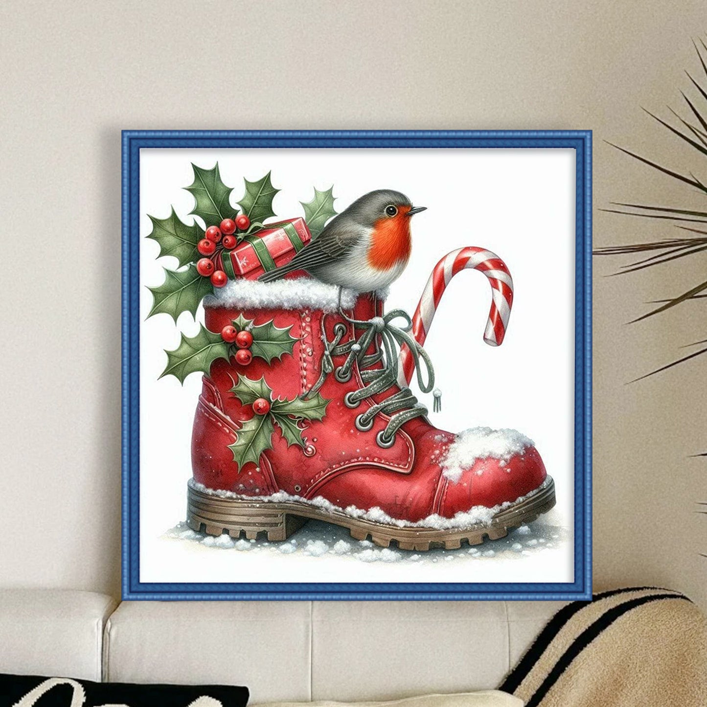 Robin On Christmas Boot - Full 11CT Stamped Cross Stitch 40x40CM - Yishu