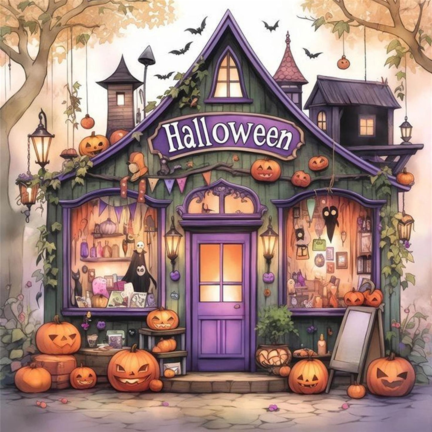 Halloween Shop - Full 11CT Stamped Cross Stitch 50x50CM - Huacan
