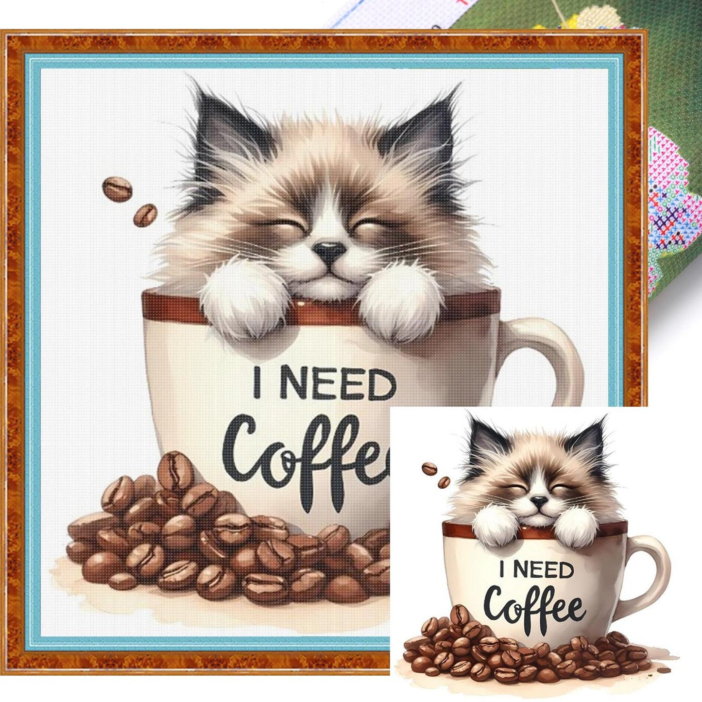 Coffee Cat - Full 11CT Stamped Cross Stitch 40x40CM - Huacan