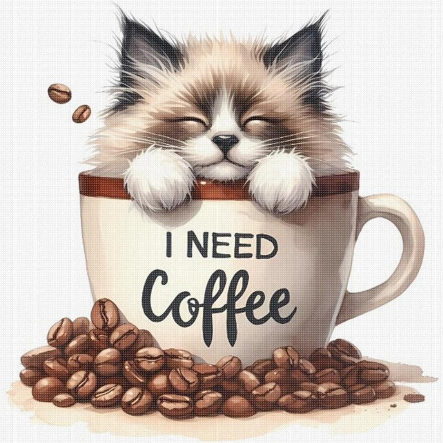 Coffee Cat - Full 11CT Stamped Cross Stitch 40x40CM - Huacan