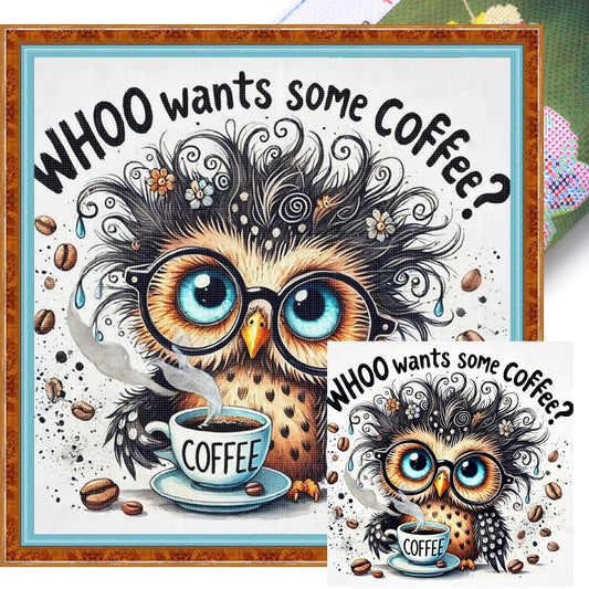 Coffee Owl - Full 11CT Stamped Cross Stitch 40x40CM - Huacan