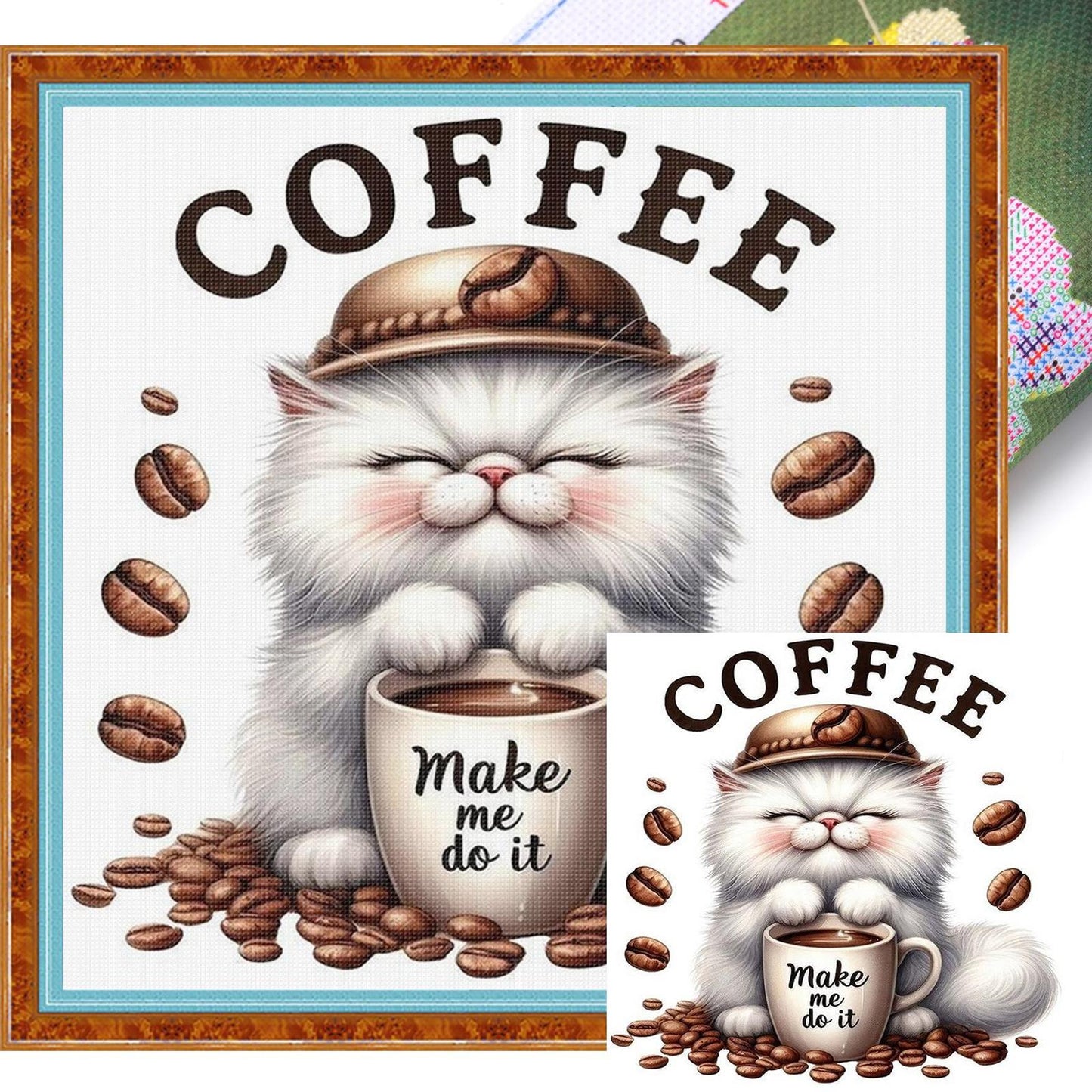 Coffee Cat - Full 11CT Stamped Cross Stitch 40x40CM - Huacan