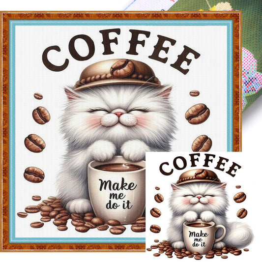 Coffee Cat - Full 11CT Stamped Cross Stitch 40x40CM - Huacan