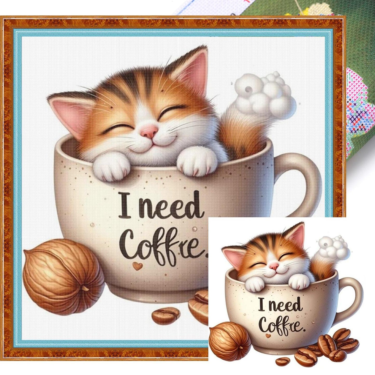 Coffee Cat - Full 11CT Stamped Cross Stitch 40x40CM - Huacan