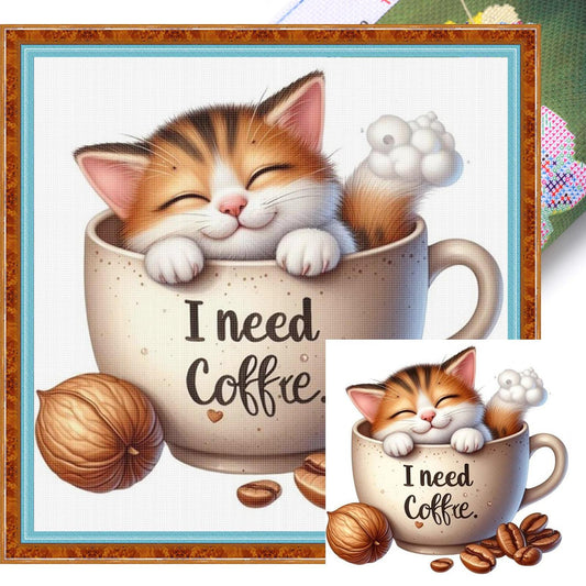 Coffee Cat - Full 11CT Stamped Cross Stitch 40x40CM - Huacan