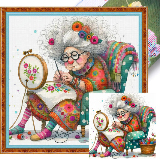 Whimsical Sewing Old Lady - Full 11CT Stamped Cross Stitch 40x40CM - Yishu