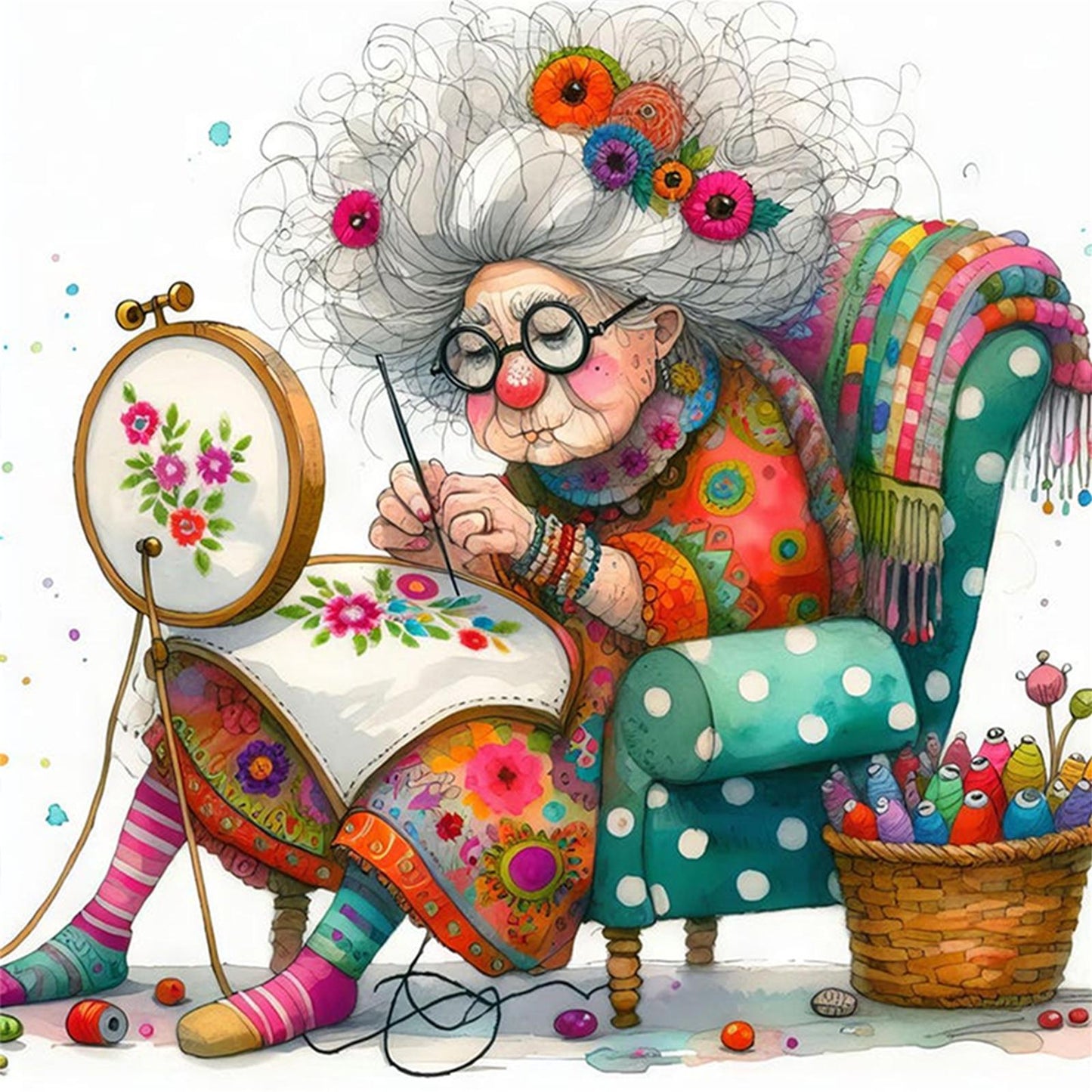 Whimsical Sewing Old Lady - Full 11CT Stamped Cross Stitch 40x40CM - Yishu