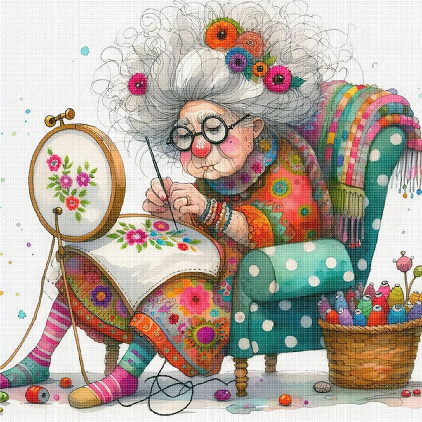 Whimsical Sewing Old Lady - Full 11CT Stamped Cross Stitch 40x40CM - Yishu