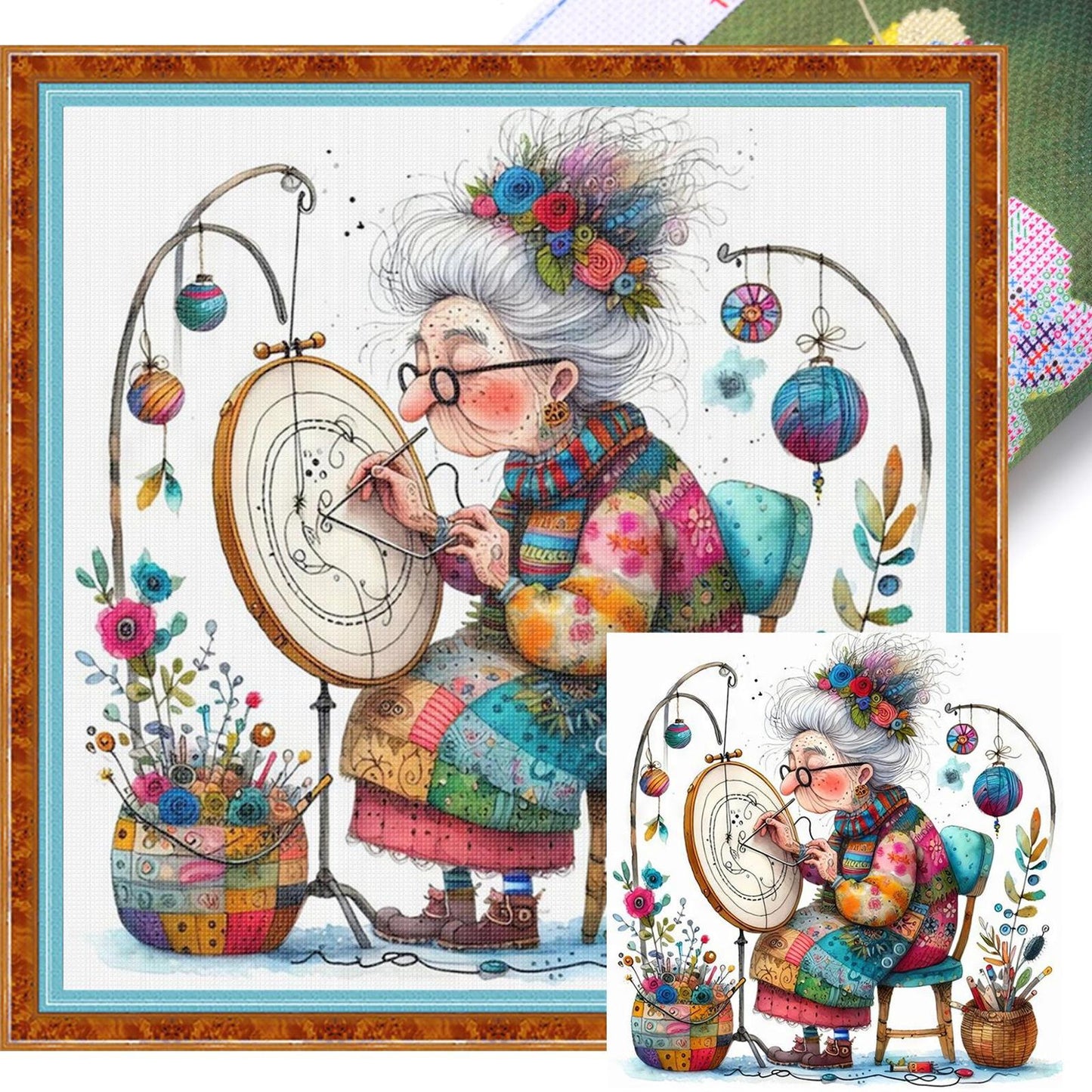 Whimsical Sewing Old Lady - Full 11CT Stamped Cross Stitch 40x40CM - Yishu