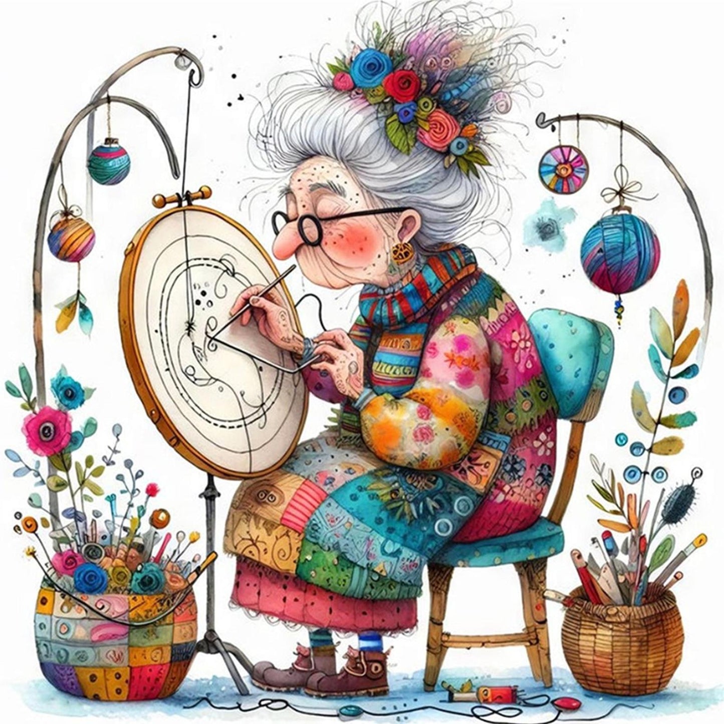 Whimsical Sewing Old Lady - Full 11CT Stamped Cross Stitch 40x40CM - Yishu