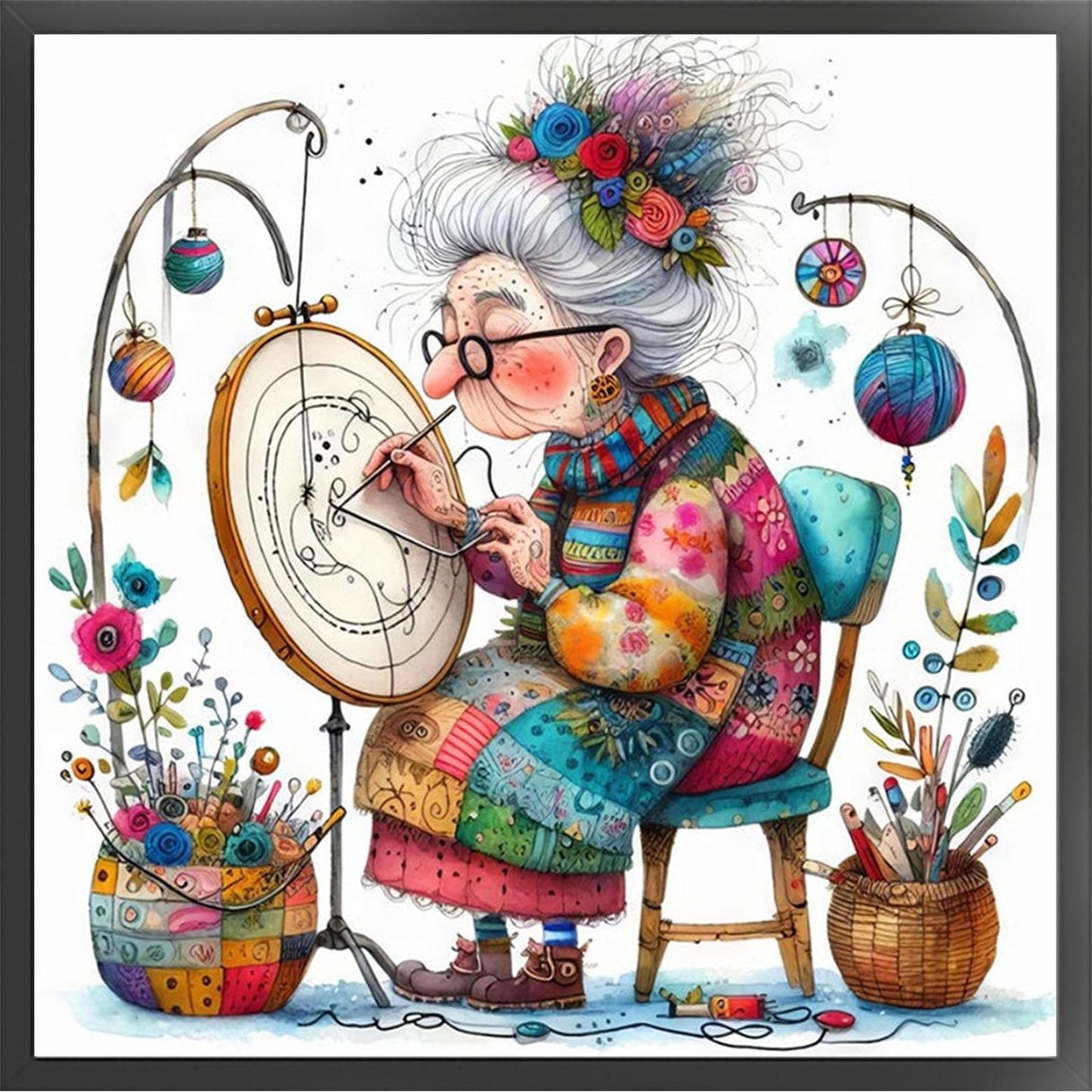 Whimsical Sewing Old Lady - Full 11CT Stamped Cross Stitch 40x40CM - Yishu