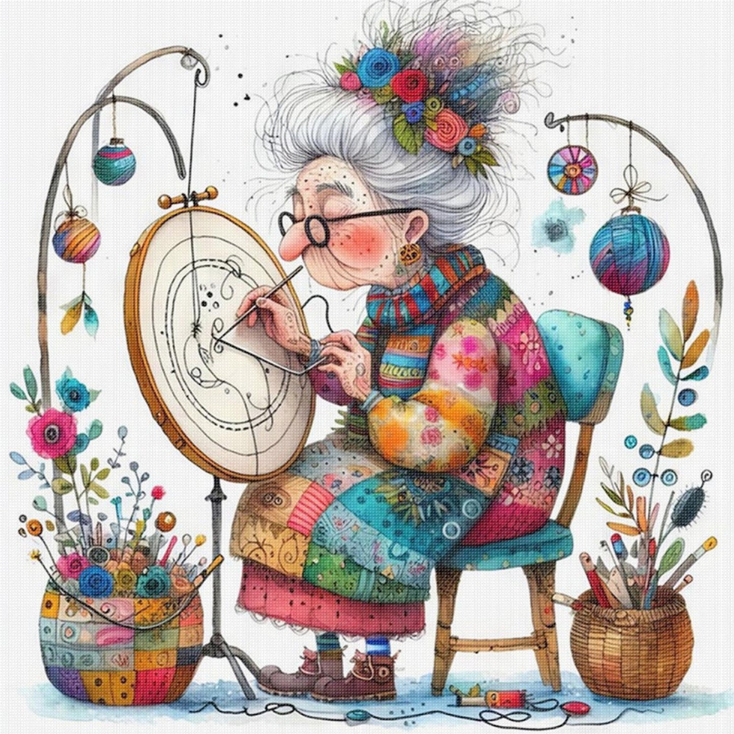 Whimsical Sewing Old Lady - Full 11CT Stamped Cross Stitch 40x40CM - Yishu
