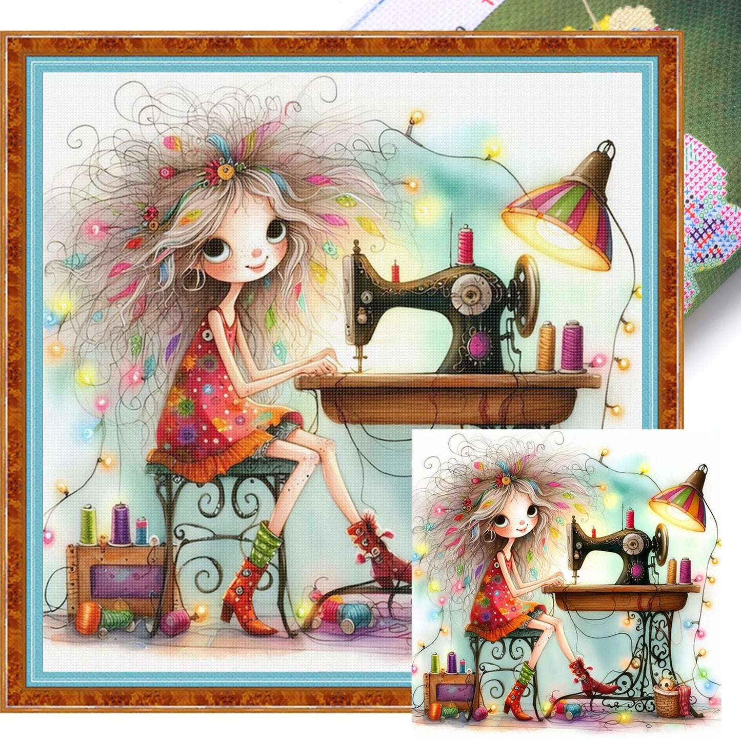 Whimsical Sewing Girl - Full 11CT Stamped Cross Stitch 40x40CM - Yishu