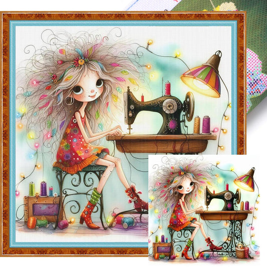 Whimsical Sewing Girl - Full 11CT Stamped Cross Stitch 40x40CM - Yishu