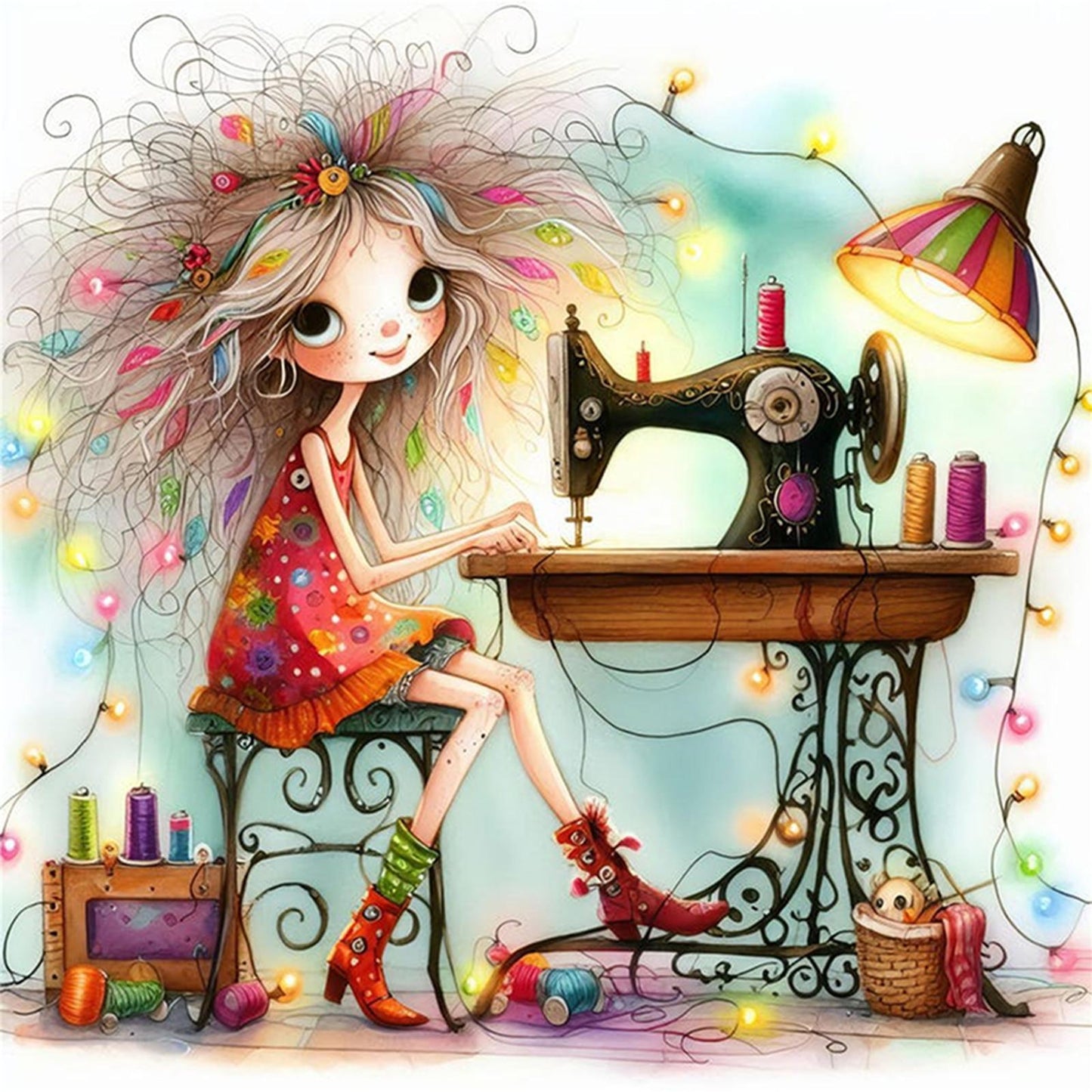Whimsical Sewing Girl - Full 11CT Stamped Cross Stitch 40x40CM - Yishu