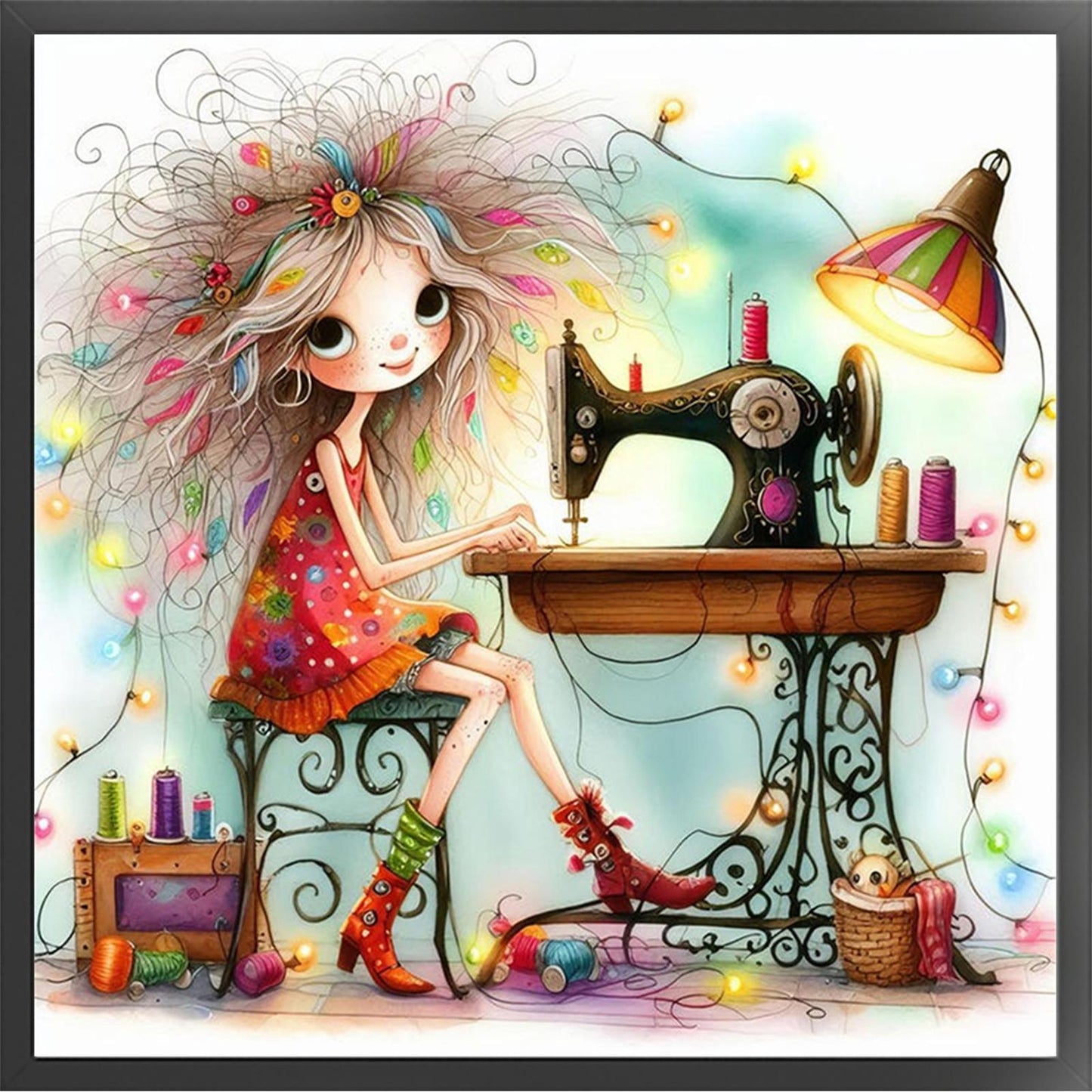 Whimsical Sewing Girl - Full 11CT Stamped Cross Stitch 40x40CM - Yishu