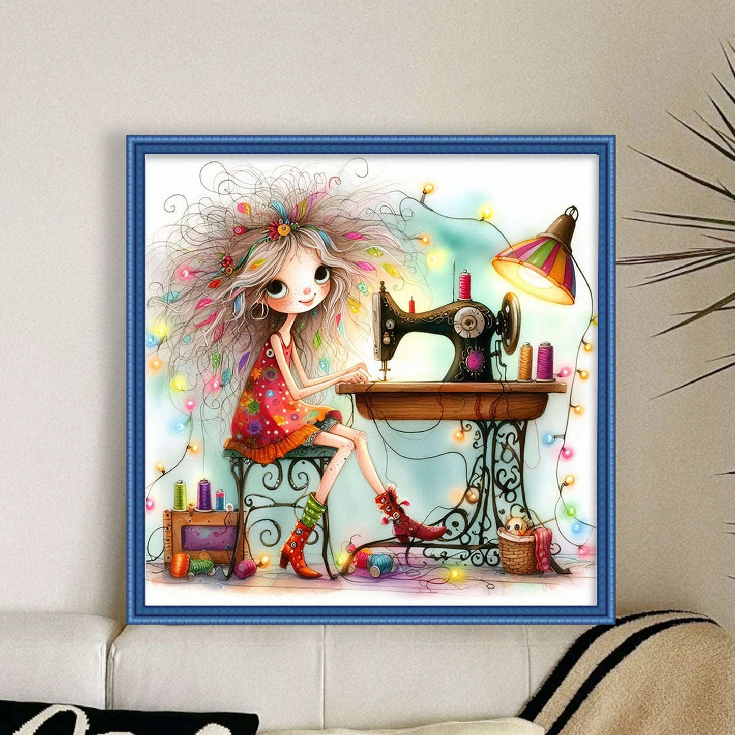 Whimsical Sewing Girl - Full 11CT Stamped Cross Stitch 40x40CM - Yishu