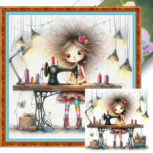 Whimsical Sewing Girl - Full 11CT Stamped Cross Stitch 40x40CM - Yishu