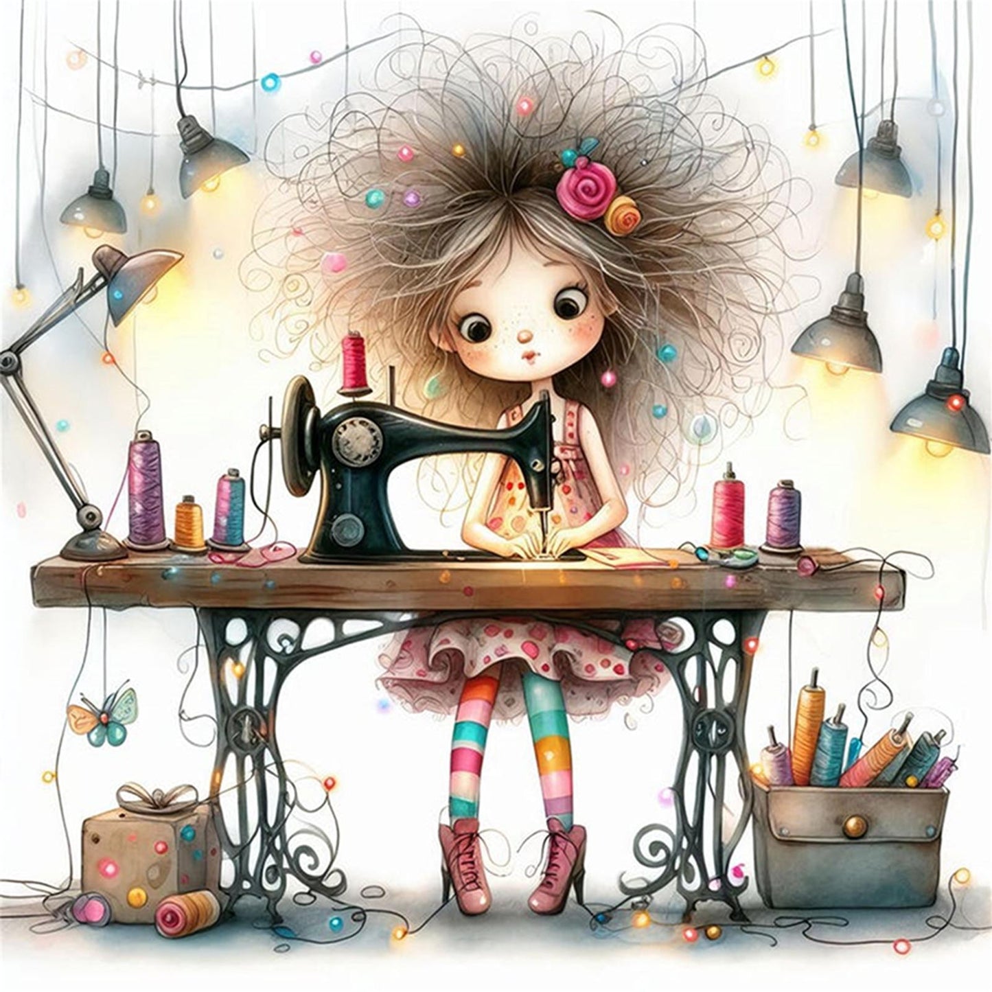 Whimsical Sewing Girl - Full 11CT Stamped Cross Stitch 40x40CM - Yishu
