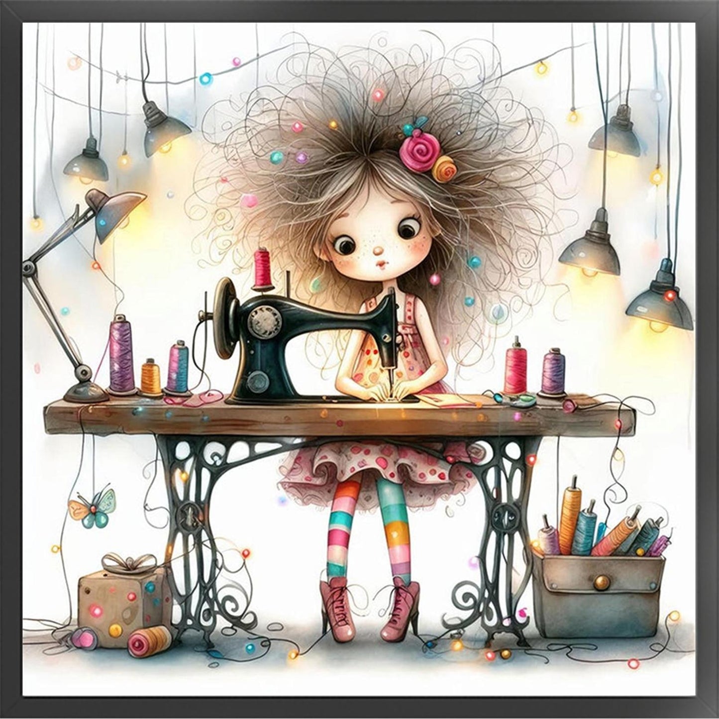 Whimsical Sewing Girl - Full 11CT Stamped Cross Stitch 40x40CM - Yishu