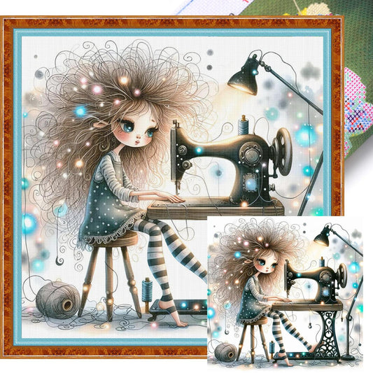 Whimsical Sewing Girl - Full 11CT Stamped Cross Stitch 40x40CM - Yishu