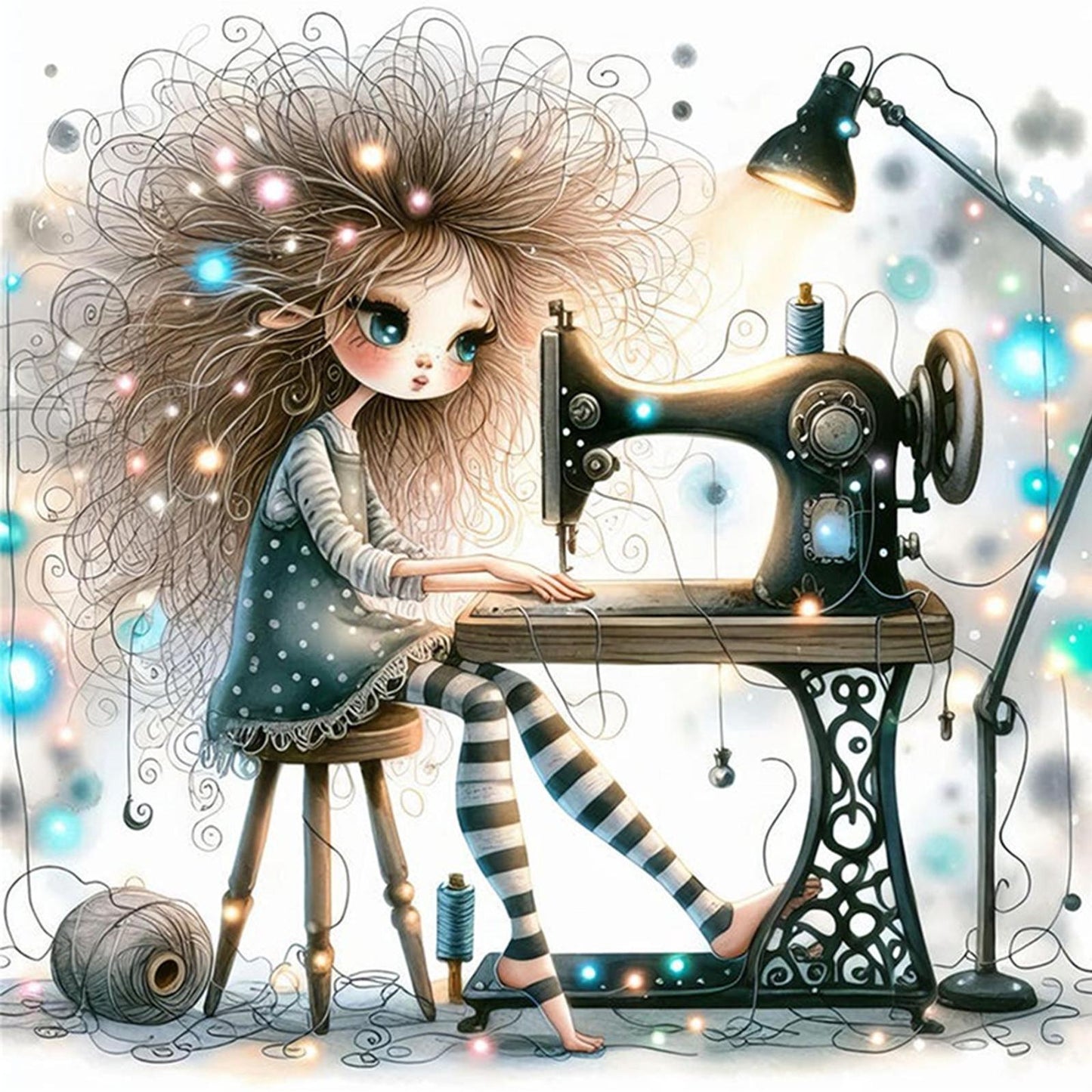 Whimsical Sewing Girl - Full 11CT Stamped Cross Stitch 40x40CM - Yishu