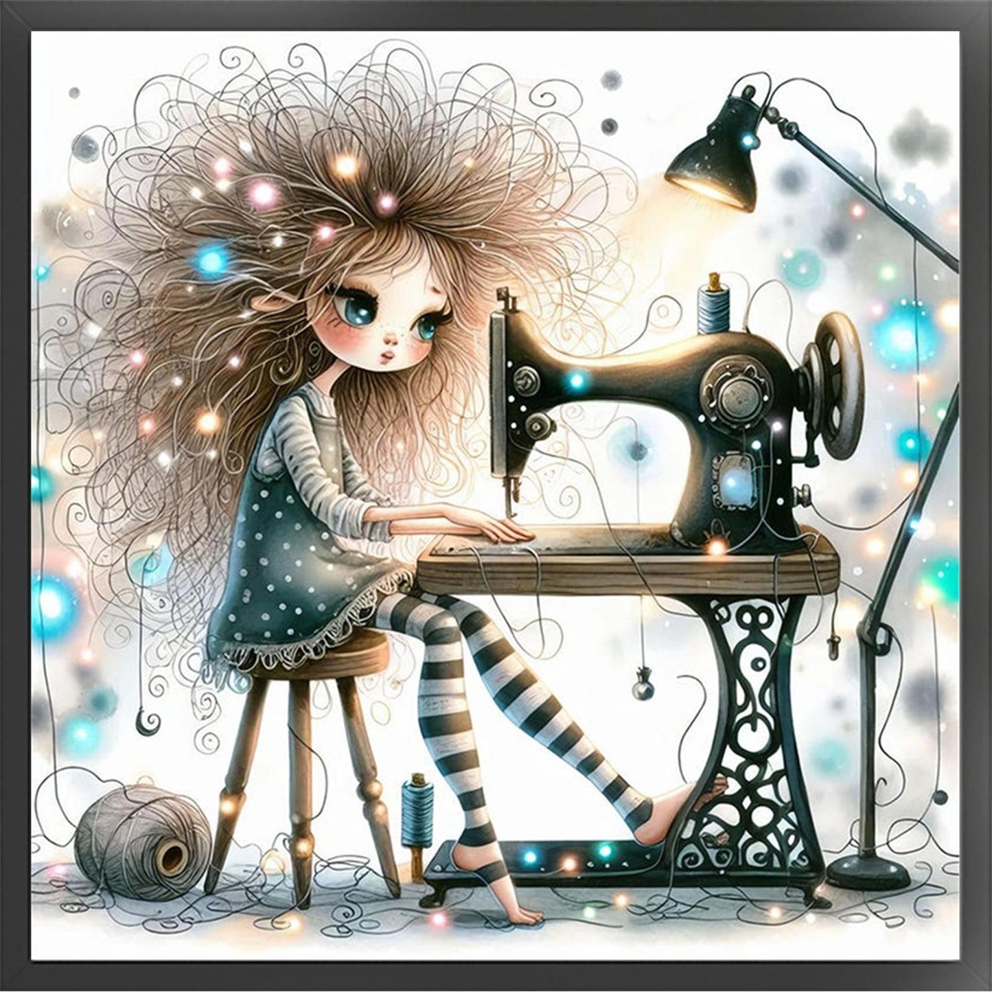 Whimsical Sewing Girl - Full 11CT Stamped Cross Stitch 40x40CM - Yishu