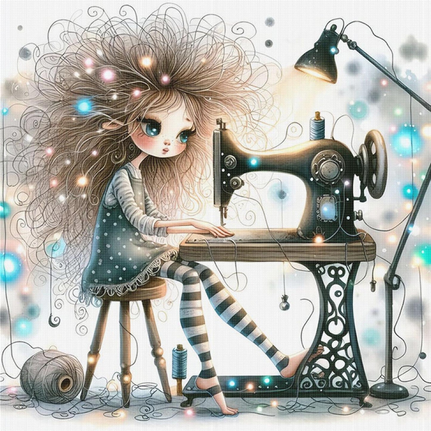 Whimsical Sewing Girl - Full 11CT Stamped Cross Stitch 40x40CM - Yishu