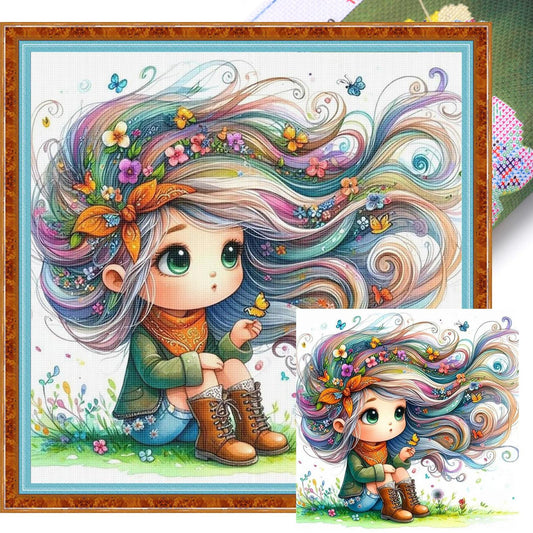 Whimsical Girl - Full 11CT Stamped Cross Stitch 40x40CM - Yishu