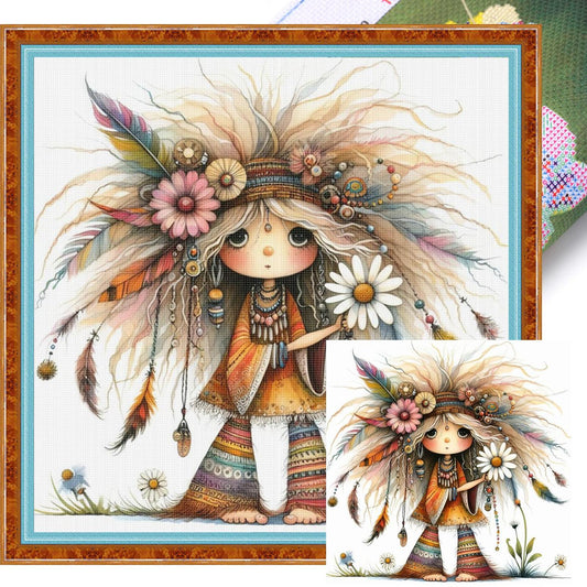 Indian Whimsical Girl - Full 11CT Stamped Cross Stitch 40x40CM - Yishu