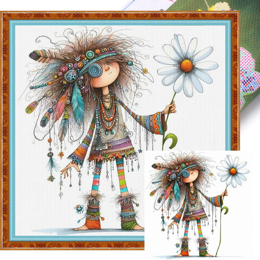 Indian Whimsical Girl - Full 11CT Stamped Cross Stitch 40x40CM - Yishu