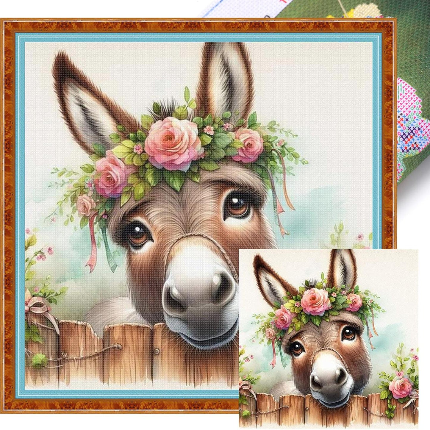 Flower & Grass Donkey - Full 11CT Stamped Cross Stitch 40x40CM - Huacan