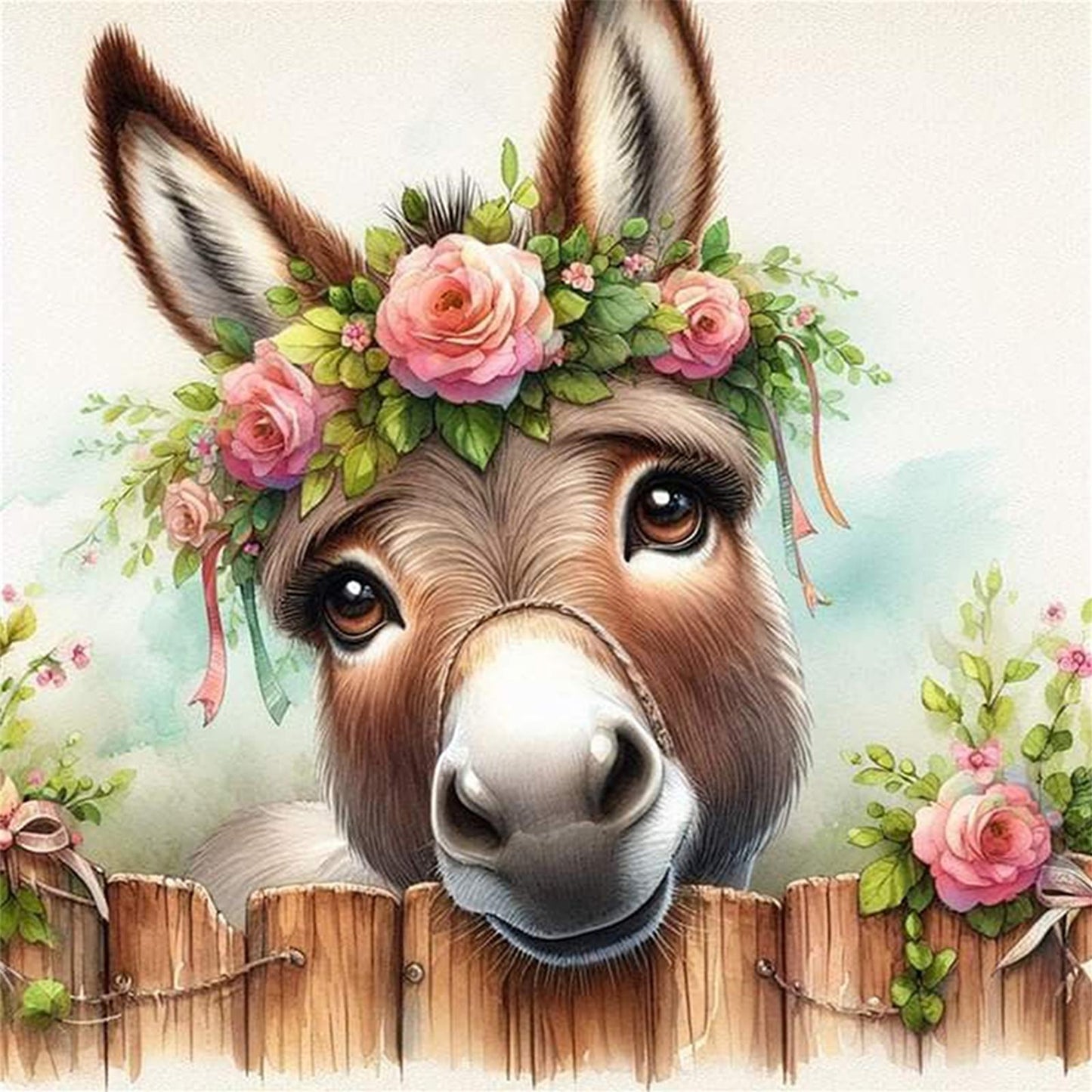 Flower & Grass Donkey - Full 11CT Stamped Cross Stitch 40x40CM - Huacan