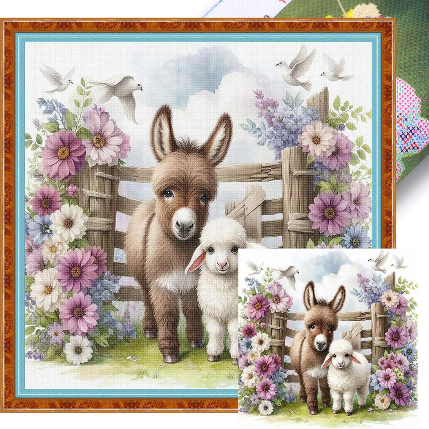 Flower & Grass Donkey And Sheep - Full 11CT Stamped Cross Stitch 40x40CM - Huacan