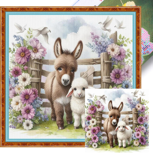 Flower & Grass Donkey And Sheep - Full 11CT Stamped Cross Stitch 40x40CM - Huacan