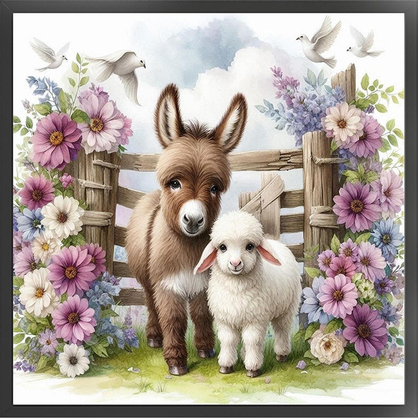 Flower & Grass Donkey And Sheep - Full 11CT Stamped Cross Stitch 40x40CM - Huacan