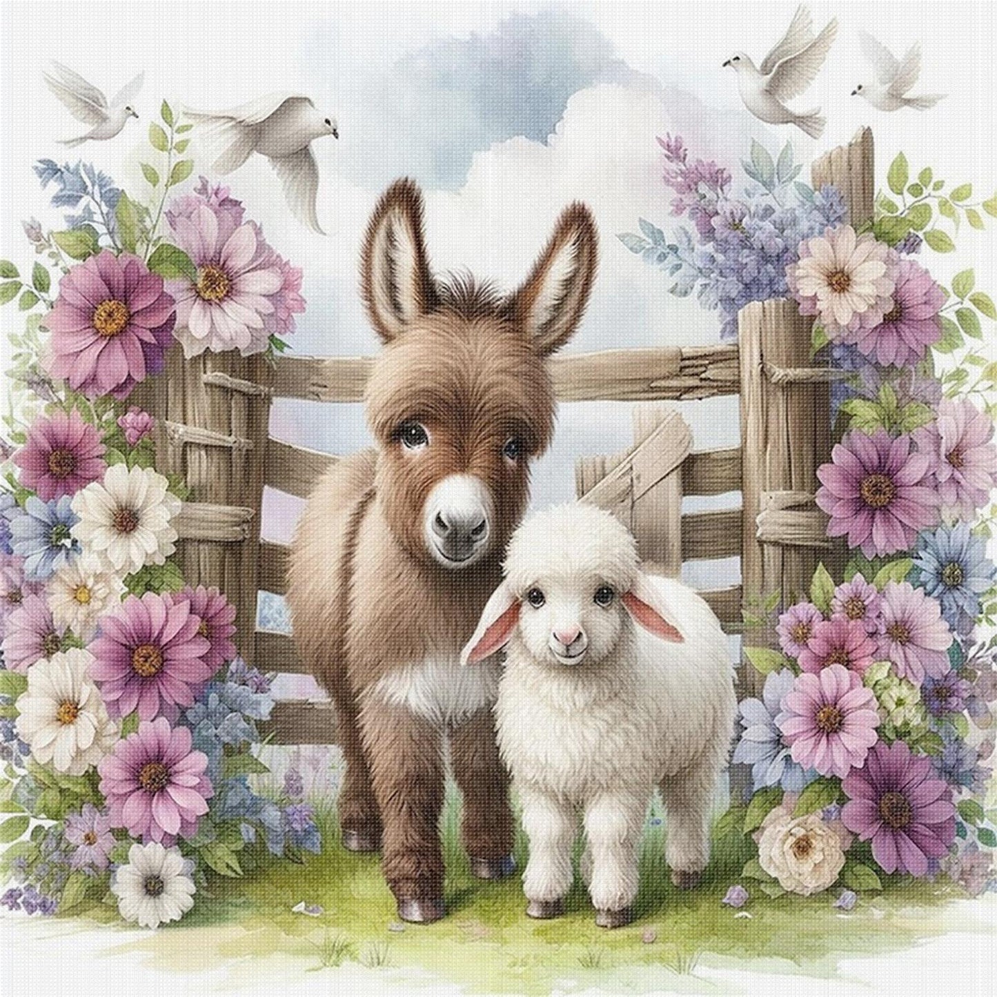 Flower & Grass Donkey And Sheep - Full 11CT Stamped Cross Stitch 40x40CM - Huacan
