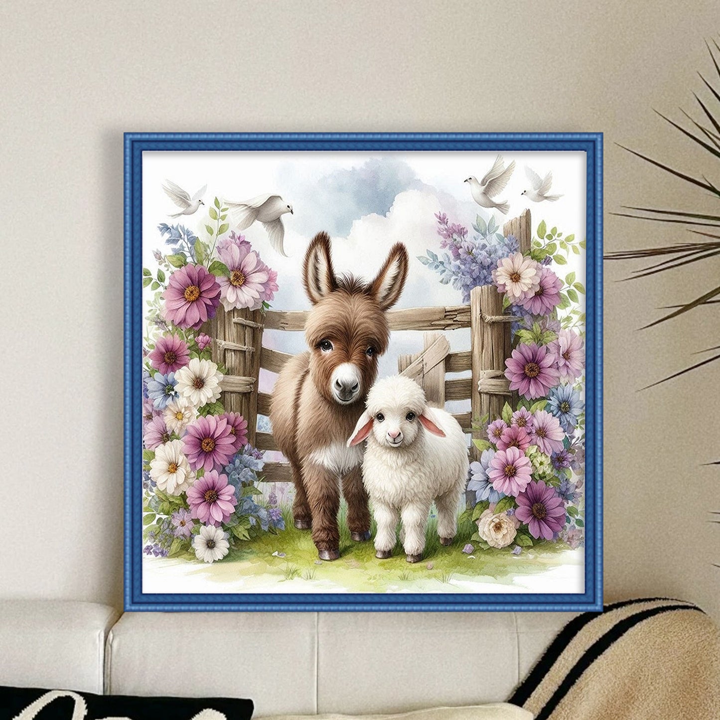 Flower & Grass Donkey And Sheep - Full 11CT Stamped Cross Stitch 40x40CM - Huacan