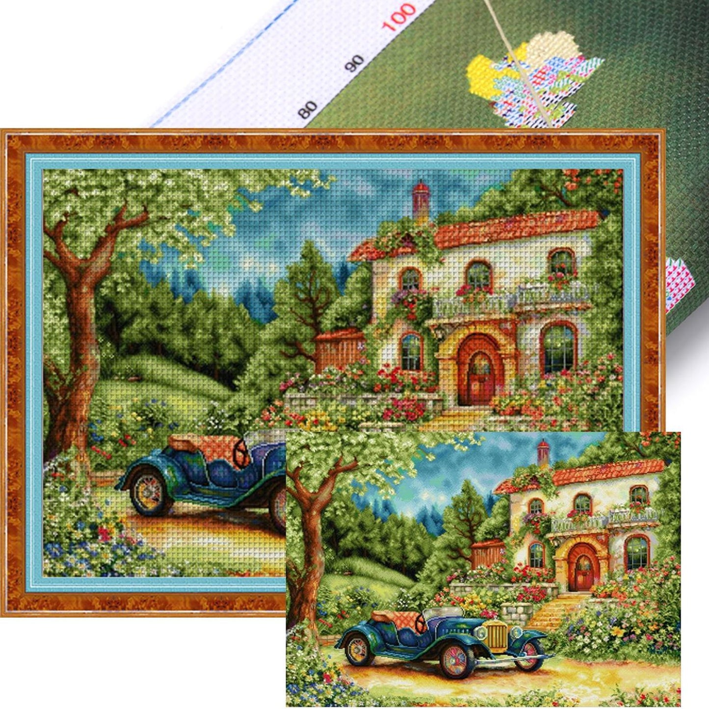 Mountain Wildflower Carriage - Full 14CT Stamped Cross Stitch 77x60CM - Spring Egyptian Cotton