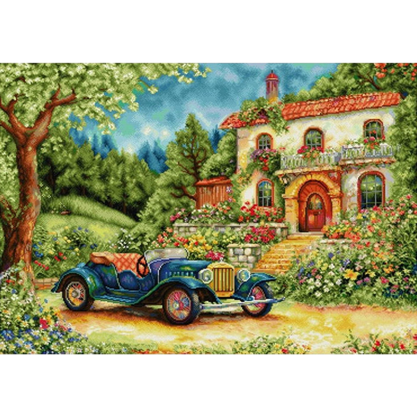 Mountain Wildflower Carriage - Full 14CT Stamped Cross Stitch 77x60CM - Spring Egyptian Cotton