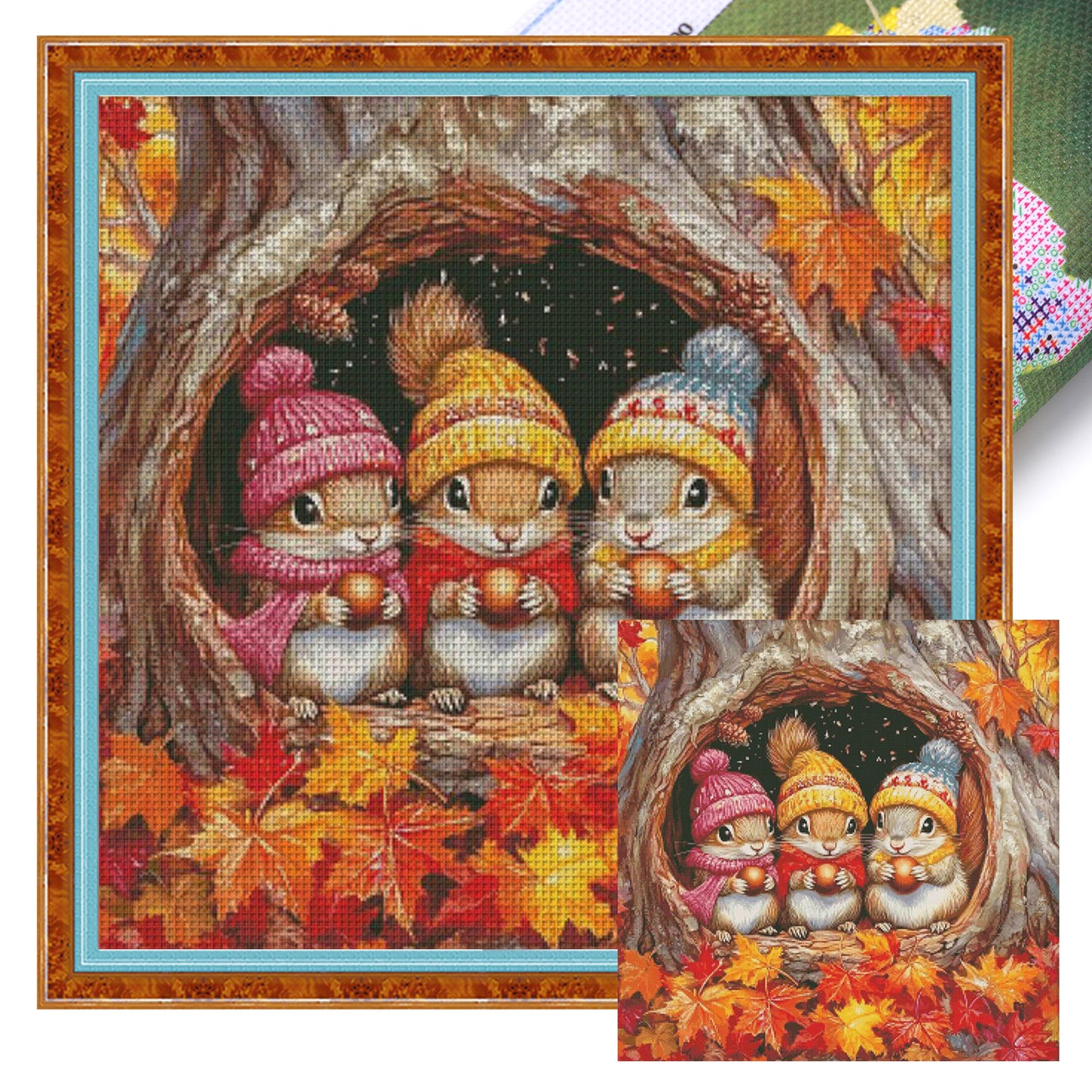 Three Little Squirrels In Autumn - Full 14CT Stamped Cross Stitch 65x65CM - Fairy Egyptian Cotton