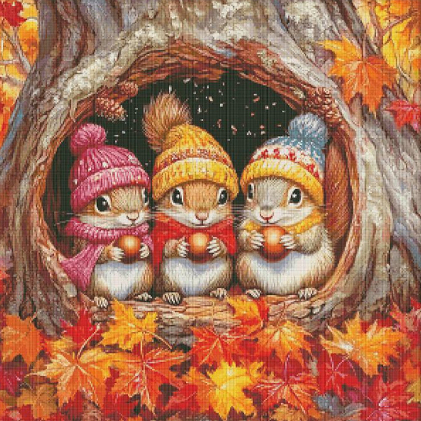 Three Little Squirrels In Autumn - Full 14CT Stamped Cross Stitch 65x65CM - Fairy Egyptian Cotton