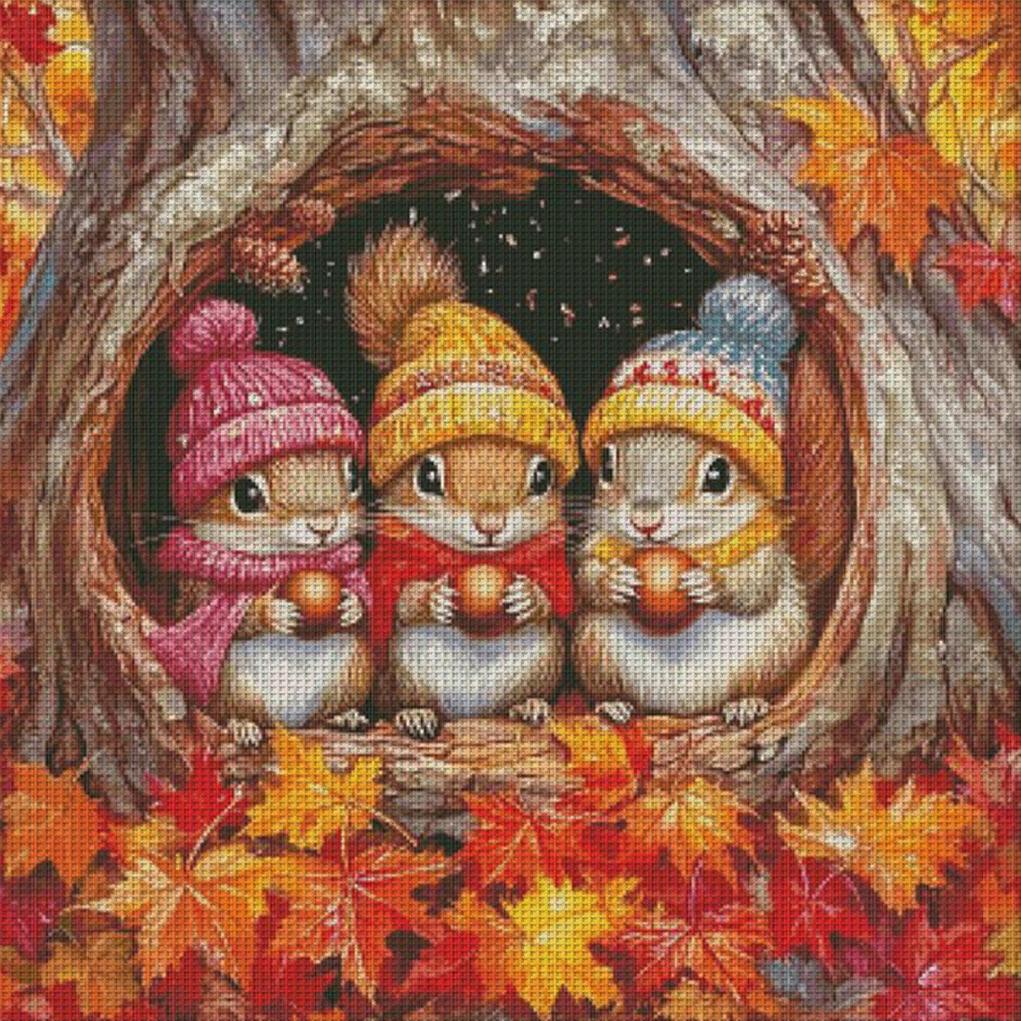 Three Little Squirrels In Autumn - Full 14CT Stamped Cross Stitch 65x65CM - Fairy Egyptian Cotton