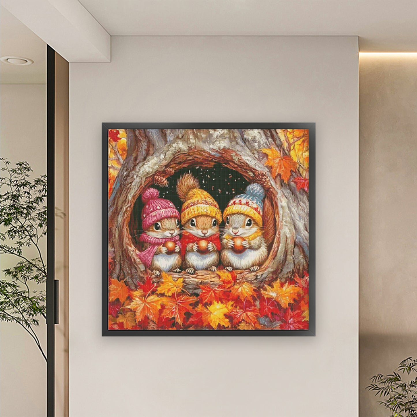 Three Little Squirrels In Autumn - Full 14CT Stamped Cross Stitch 65x65CM - Fairy Egyptian Cotton