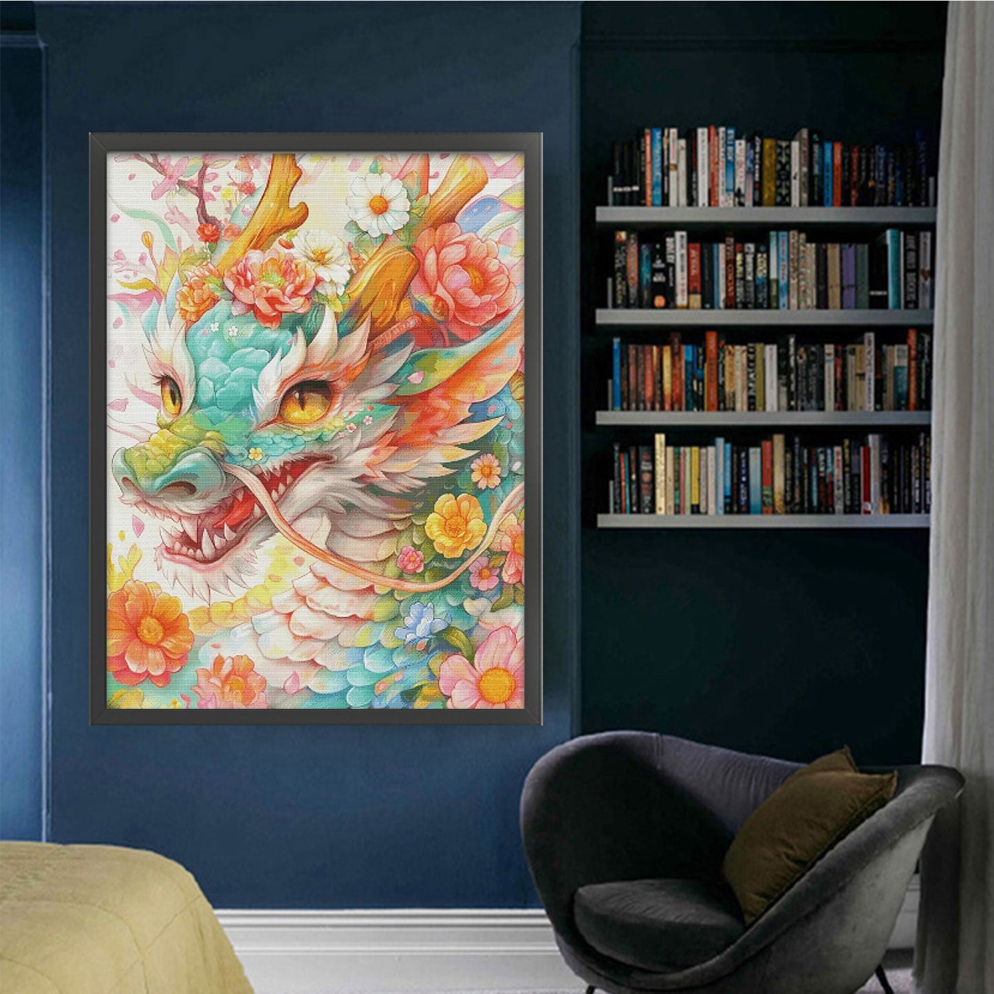 Flower Dragon - Full 14CT Stamped Cross Stitch 75x95CM - Fairy Egyptian Cotton