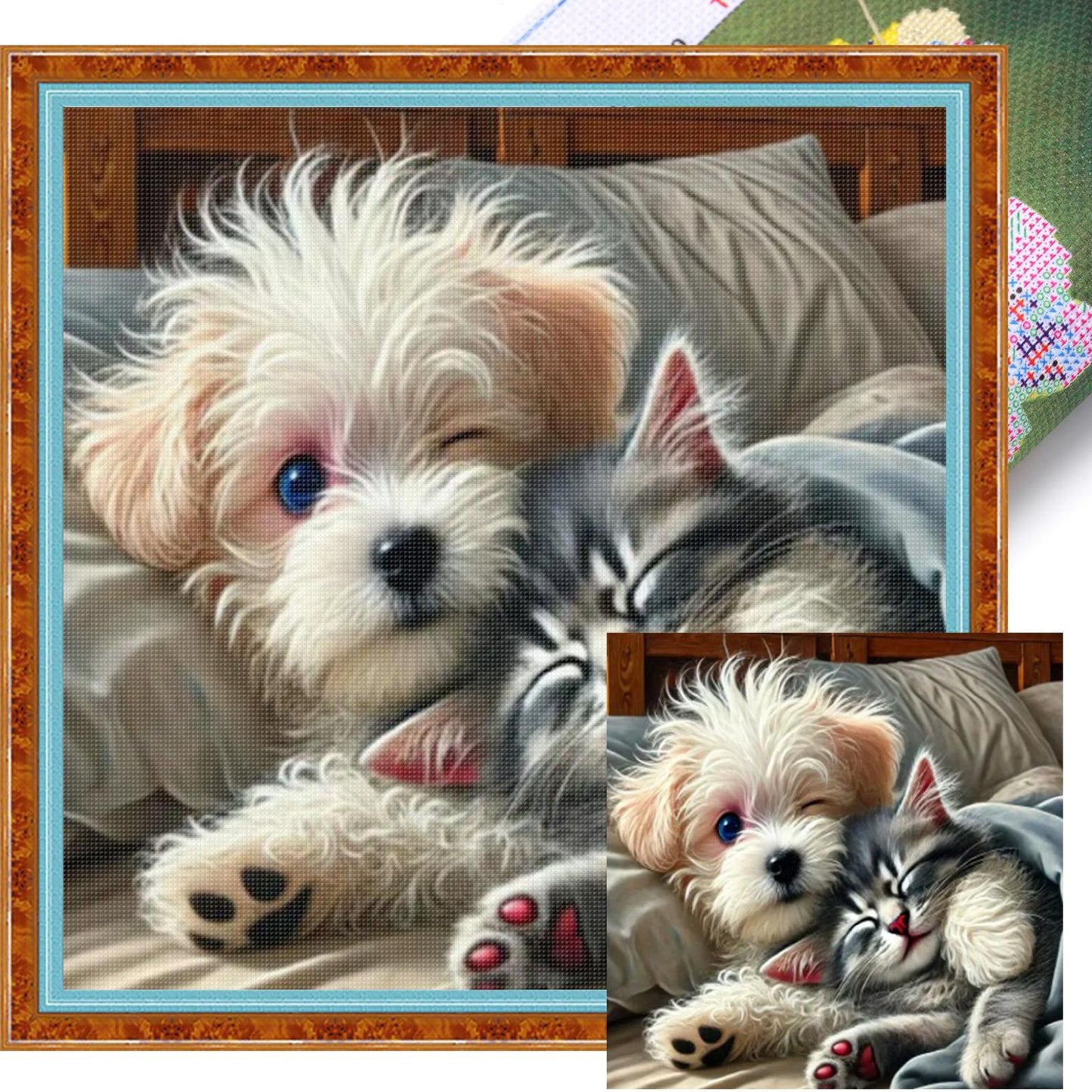 Dog Cat Together - Full 11CT Stamped Cross Stitch 40x40CM - Huacan