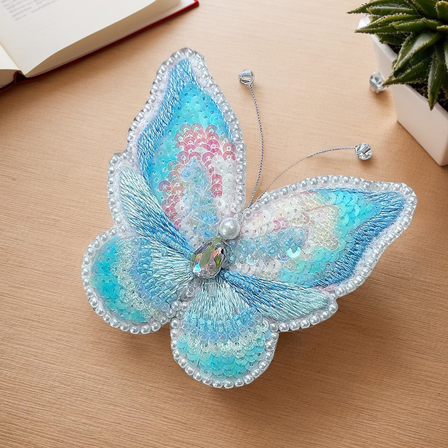 Butterfly Brooch DIY Beaded Embroidery Kit Beadwork Craft Supplies (Blue)