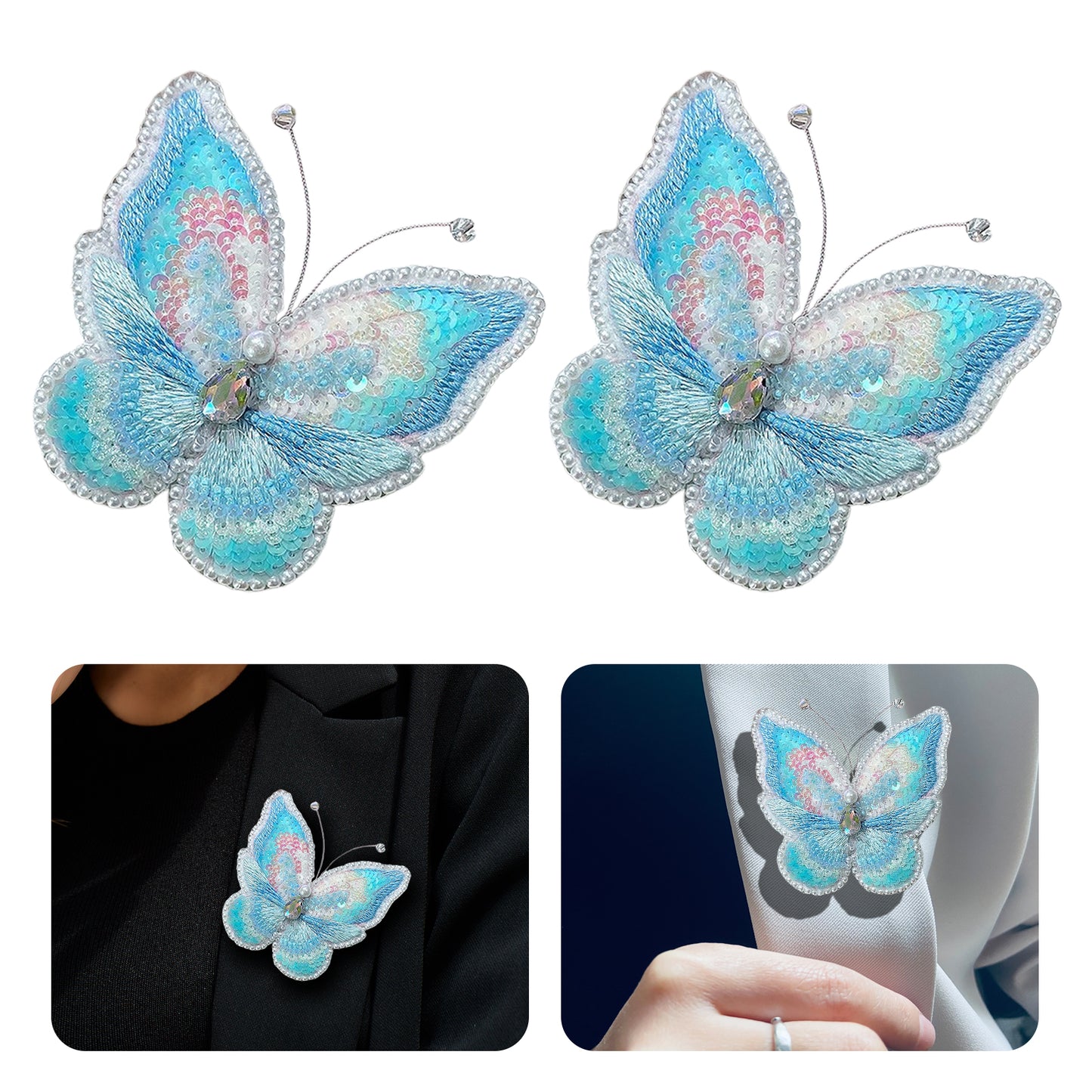 Butterfly Brooch DIY Beaded Embroidery Kit Beadwork Craft Supplies (Blue)