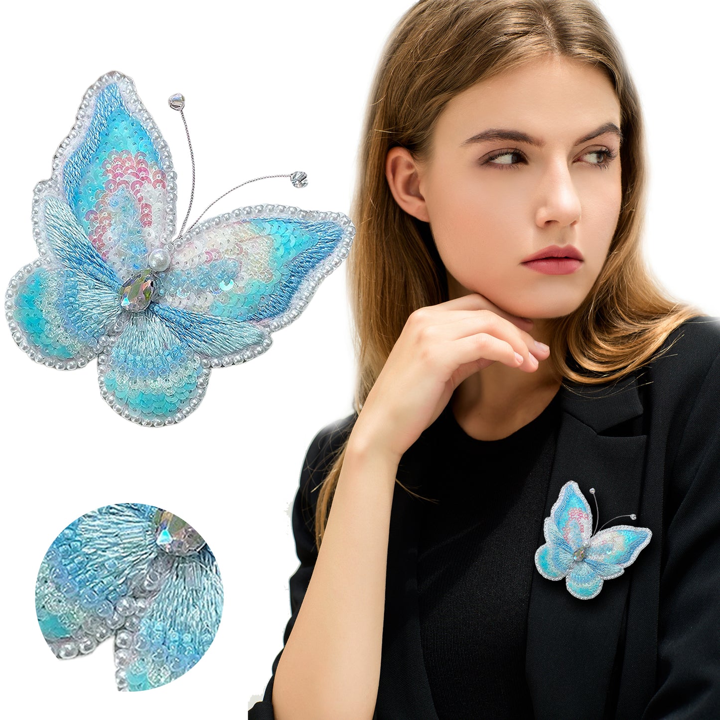 Butterfly Brooch DIY Beaded Embroidery Kit Beadwork Craft Supplies (Blue)