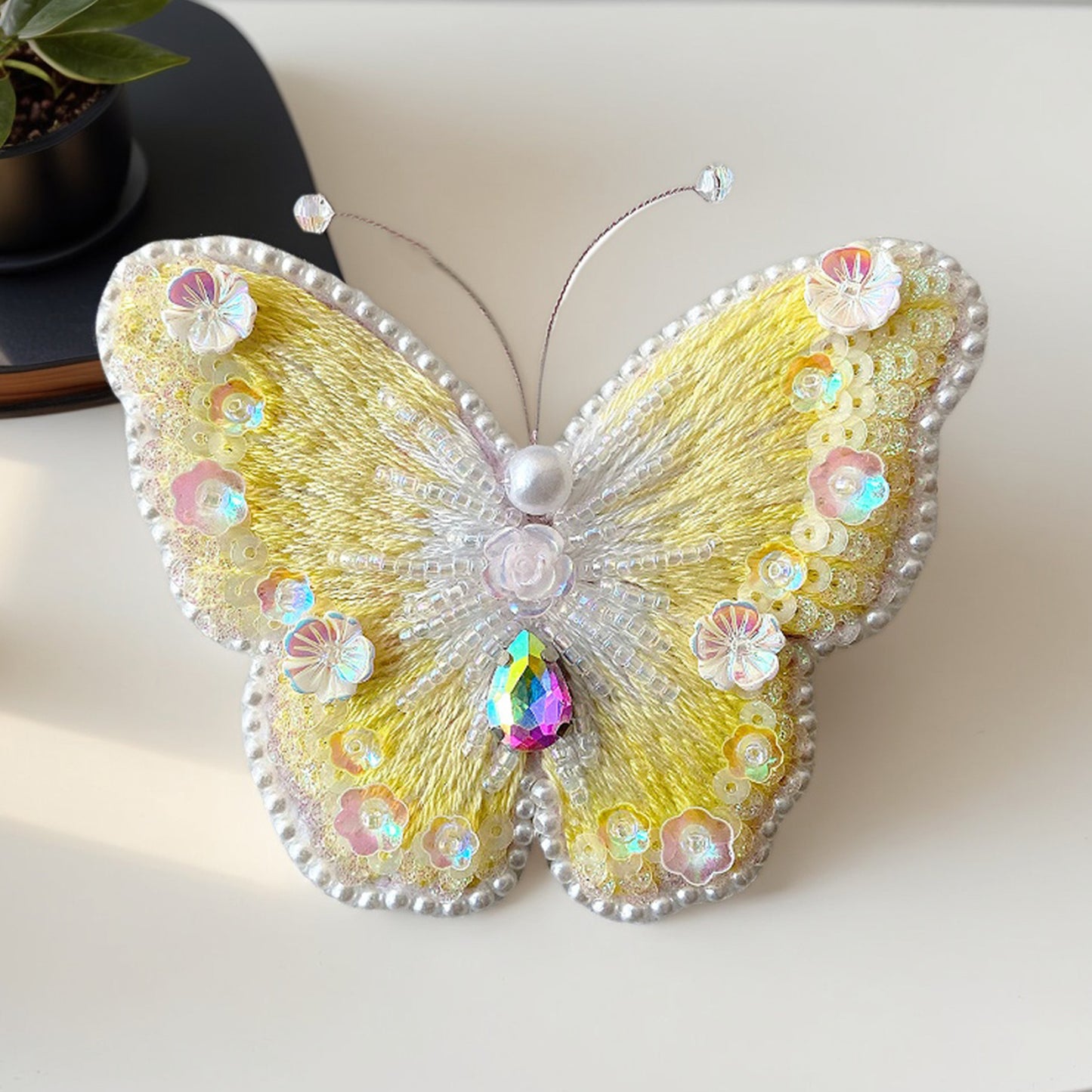 Butterfly Brooch DIY Beaded Embroidery Kit Beadwork Craft Supplies (Yellow)